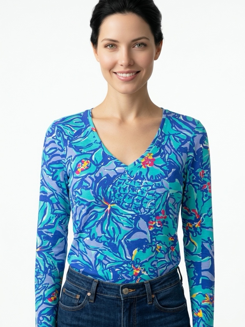 LILLY PULITZER | Etta Pima Cotton Tropical Pineapple V Neck Top Women’s Size M